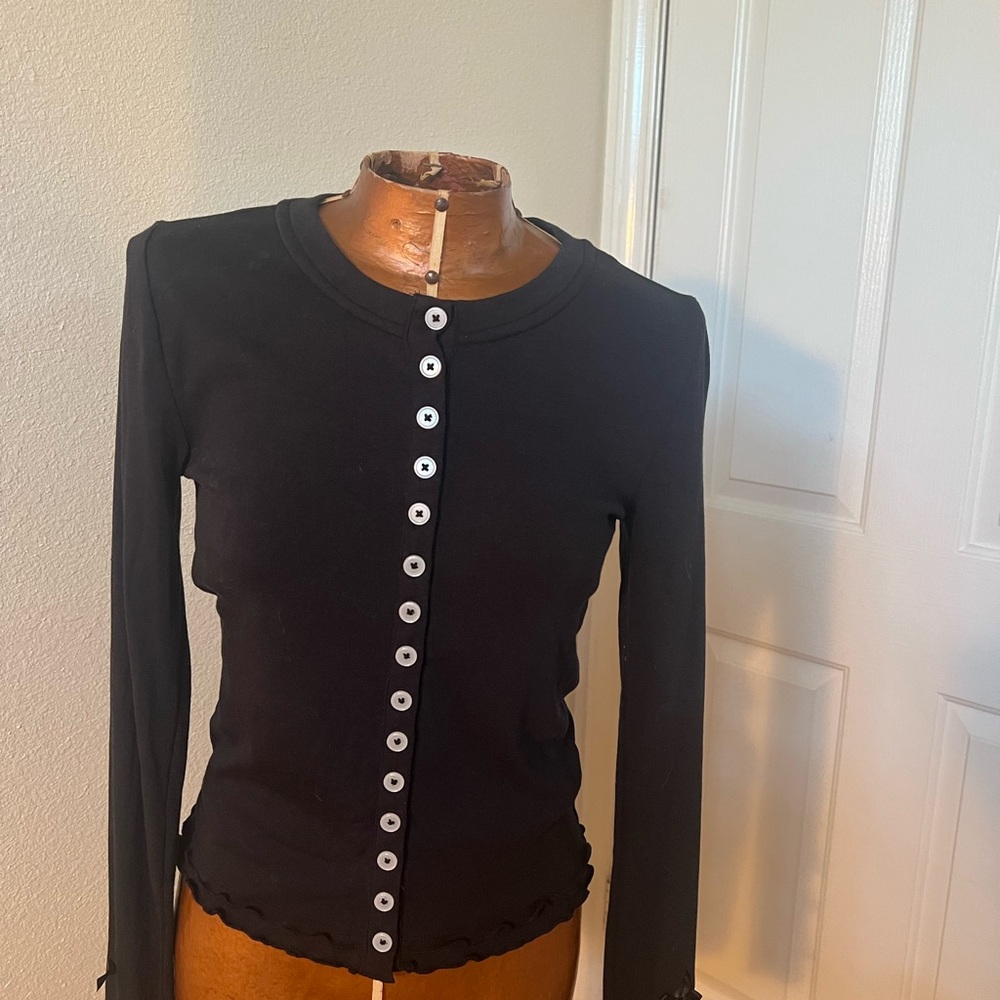 Free People Black Button-Down knit long sleeve with White Accents